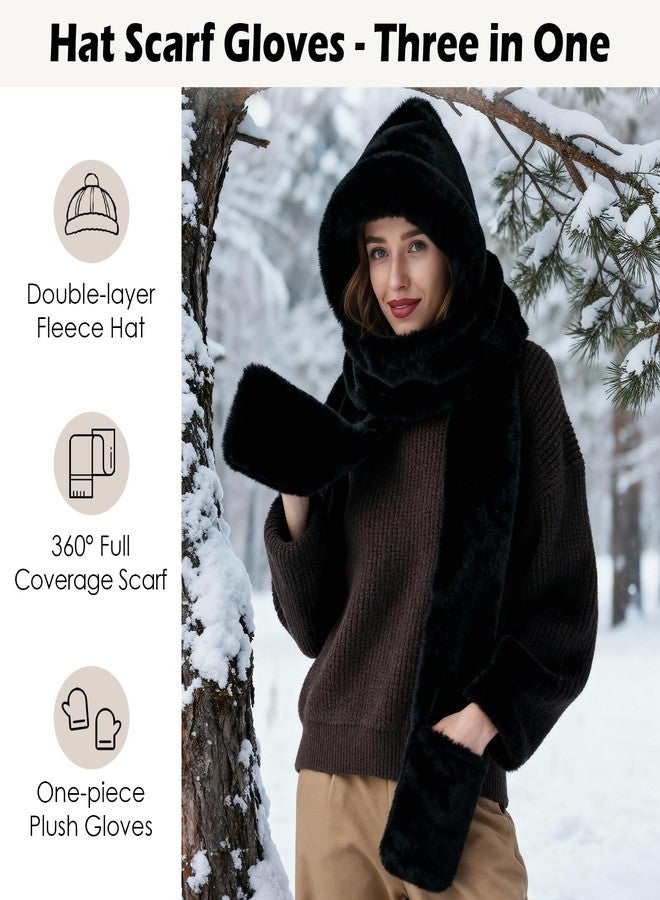 Premillow Winter Hat Scarf Gloves Set for Women, Warm 3-in-1 Hooded Scarf Hat Gloves Set with Pocket Mitts Stylish Cute Faux Fur Hats for Adults, Black - Image 3